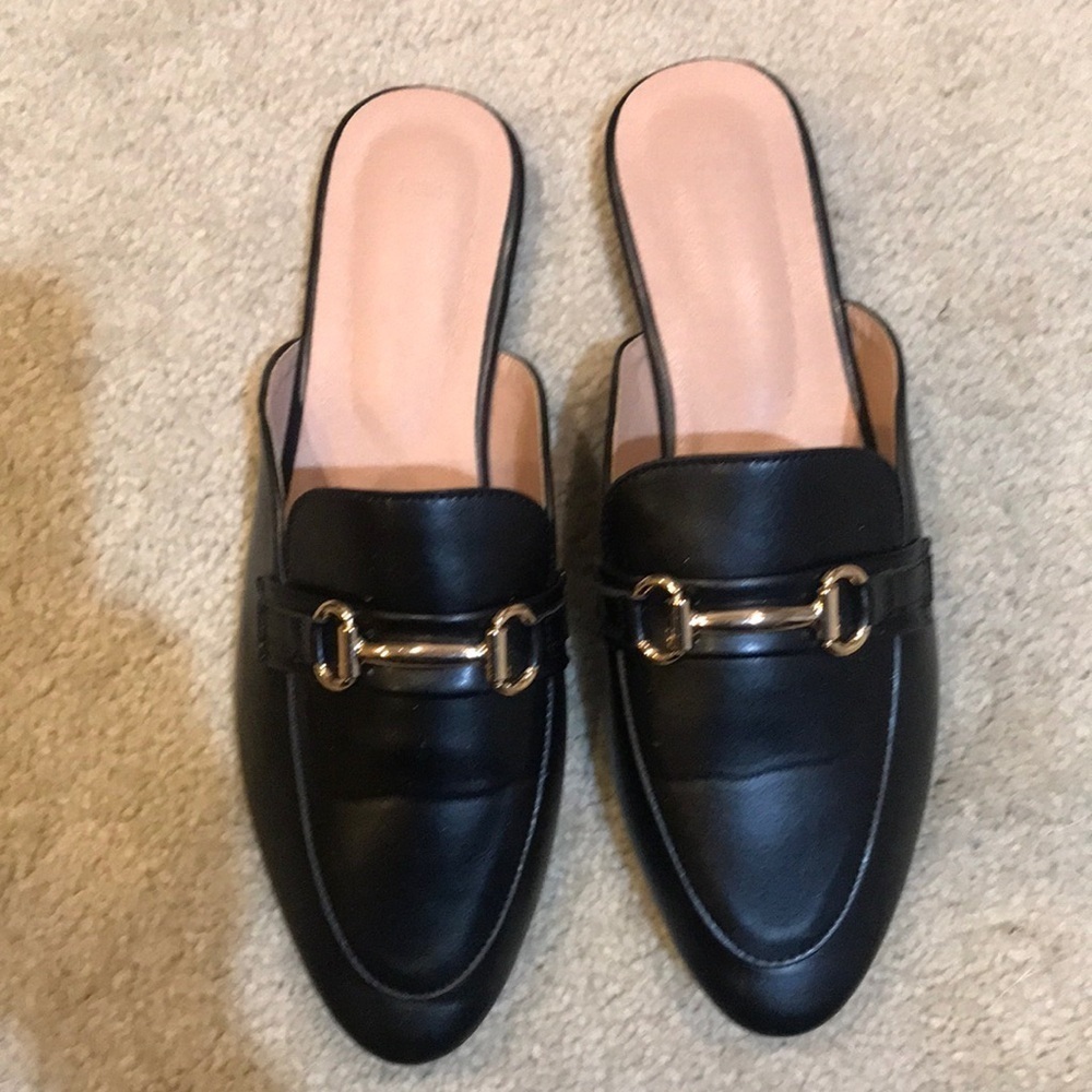 Trendy Black Slip On Flat Mules w/ Gold Hardware-EU Size 43/US Size 10